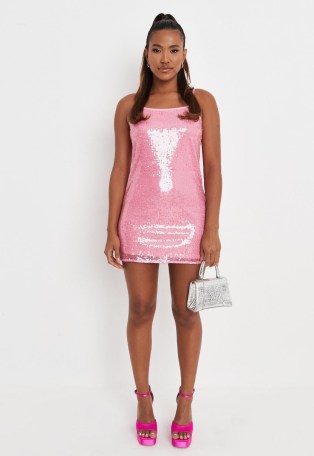 MISSGUIDED pink sequin scoop cami mini dress – sequinned skinny strap dresses – glittering going out fashion - flipped