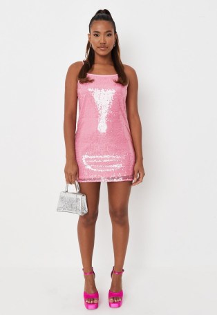 MISSGUIDED pink sequin scoop cami mini dress – sequinned skinny strap dresses – glittering going out fashion