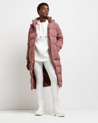 RIVER ISLAND PINK ZIP DETAIL LONGLINE PUFFER COAT ~ women’s padded midi winter coats ~ womens on-trend hooded outerwear