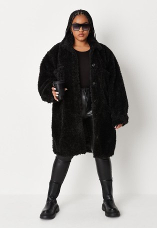 MISSGUIDED plus size black borg longline shacket / faux shearling shackets / fluffy textured shirt jackets