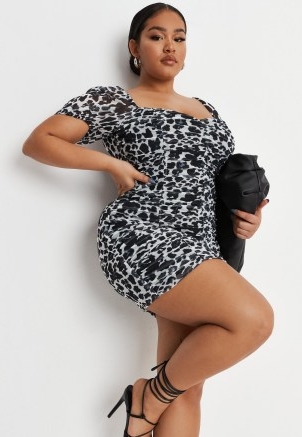MISSGUIDED plus size black leopard print mesh ruched mini dress / glamorous going out dresses / evening glamour / animal prints / party fashion