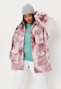MISSGUIDED plus size pink tie dye borg shacket / textured faux shearling shackets / on-trend winter shirt jackets