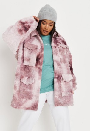 MISSGUIDED plus size pink tie dye borg shacket / textured faux shearling shackets / on-trend winter shirt jackets - flipped