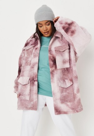 MISSGUIDED plus size pink tie dye borg shacket / textured faux shearling shackets / on-trend winter shirt jackets