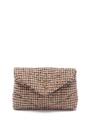 SAINT LAURENT Puffer YSL-logo plaque padded tweed clutch bag / textured fabric envelope bags / small chic designer handbags - flipped