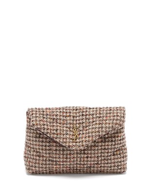 SAINT LAURENT Puffer YSL-logo plaque padded tweed clutch bag / textured fabric envelope bags / small chic designer handbags