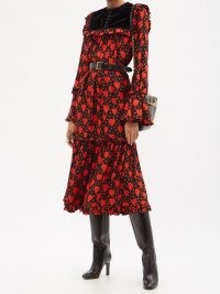 SAINT LAURENT Ruffled heart-print silk-faille midi dress / ruffled black dresses with red hearts / romantic style fashion