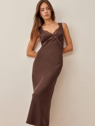 REFORMATION Provence Dress in Cafe ~ brown vintage style slip dresses ~ cut out back ~ lace trim detail ~ cutout fashion - flipped