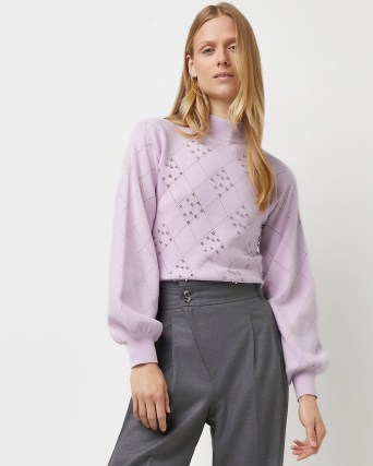 River Island Purple diamante embellished knitted jumper | high neck volume sleeve jumpers - flipped