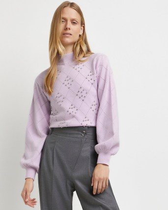 River Island Purple diamante embellished knitted jumper | high neck volume sleeve jumpers