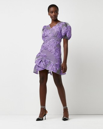 River Island Purple floral jacquard puff sleeve wrap dress – romantic semi sheer ruffle trim dresses – feminine party fashion - flipped