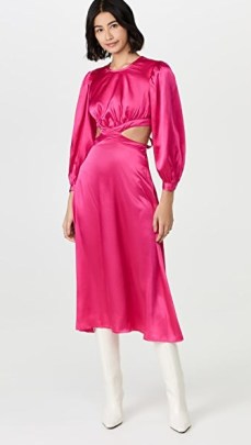 Rahi Cierra Cut Out Midi Dress ~ fuchsia-pink satin cutout dresses - flipped