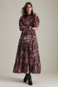 KAREN MILLEN Recycled Georgette Paisley Shirred Woven Maxi Dress / red printed long sleeve tiered hem dresses