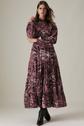 KAREN MILLEN Recycled Georgette Paisley Shirred Woven Maxi Dress / red printed long sleeve tiered hem dresses - flipped