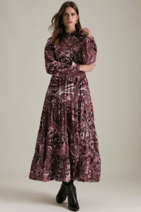 KAREN MILLEN Recycled Georgette Paisley Shirred Woven Maxi Dress / red printed long sleeve tiered hem dresses