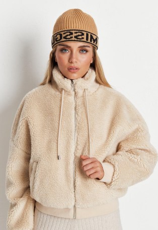MISSGUIDED recycled stone teddy borg bomber – textured faux shearling high neck jackets - flipped