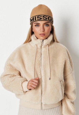 MISSGUIDED recycled stone teddy borg bomber – textured faux shearling high neck jackets
