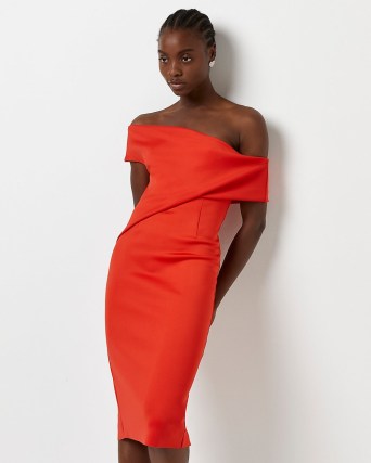 River Island Red bardot bodycon midi dress – fitted drape detail off the shoulder dresses – glamorous evening fashion - flipped