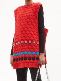 RAF SIMONS Crystal-embellished wool sleeveless sweater / red knitted oversized tunic tops / raw edge sweaters