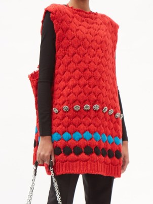 RAF SIMONS Crystal-embellished wool sleeveless sweater / red knitted oversized tunic tops / raw edge sweaters - flipped