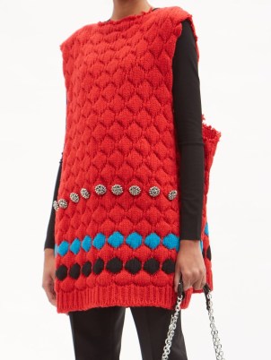 RAF SIMONS Crystal-embellished wool sleeveless sweater / red knitted oversized tunic tops / raw edge sweaters