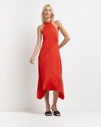 River Island Red halter neck midi slip dress – vibrant halterneck dresses – asymmetric hem