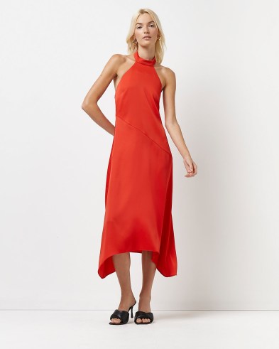 River Island Red halter neck midi slip dress – vibrant halterneck dresses – asymmetric hem - flipped