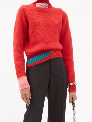 RAF SIMONS High-neck wool-blend sweater in red / womens designer knitwear / women’s raw edge high neck sweaters - flipped