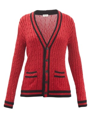 SAINT LAURENT Metallic cable-knit cardigan in red ~ womens designer cardigans - flipped