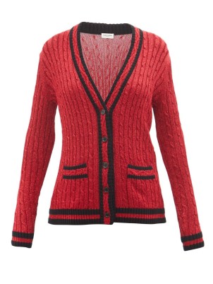 SAINT LAURENT Metallic cable-knit cardigan in red ~ womens designer cardigans