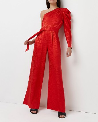 River Island Red one shouldered wide leg jumpsuit – vivid one long sleeve jumpsuits – bright evening all-in-one fashion – party glamour - flipped