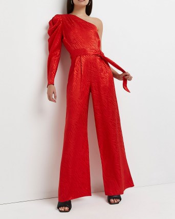 River Island Red one shouldered wide leg jumpsuit – vivid one long sleeve jumpsuits – bright evening all-in-one fashion – party glamour