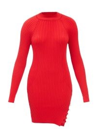 JACQUEMUS Pigolo side-slit ribbed-knit mini dress in red / split hem sweater dresses