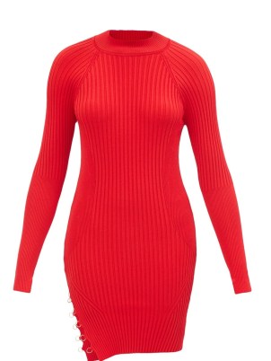 JACQUEMUS Pigolo side-slit ribbed-knit mini dress in red / split hem sweater dresses - flipped