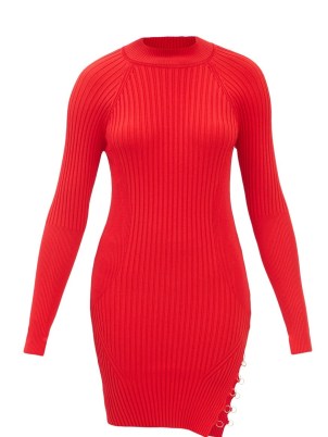 JACQUEMUS Pigolo side-slit ribbed-knit mini dress in red / split hem sweater dresses