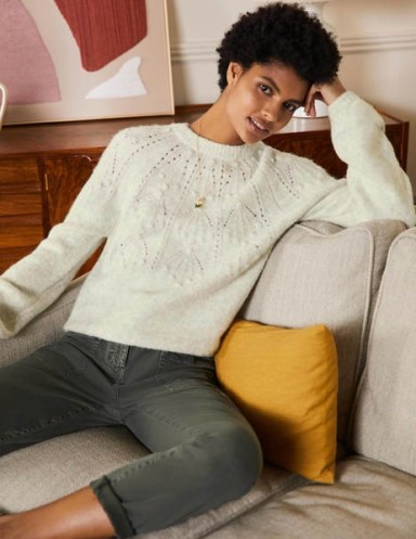 Boden Relaxed Cable Jumper Ivory Melange | chic textured jumpers | French knot detail knitwear | full blouson sleeve sweaters - flipped