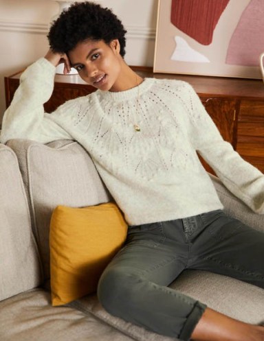 Boden Relaxed Cable Jumper Ivory Melange | chic textured jumpers | French knot detail knitwear | full blouson sleeve sweaters