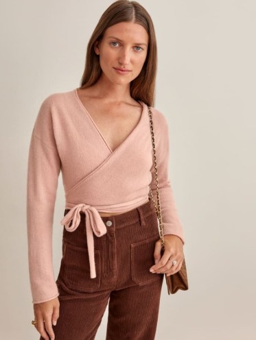 REFORMATION Relaxed Cashmere Wrap in Blush ~ pale pink tie waist sweater ~ luxe style knitwear - flipped