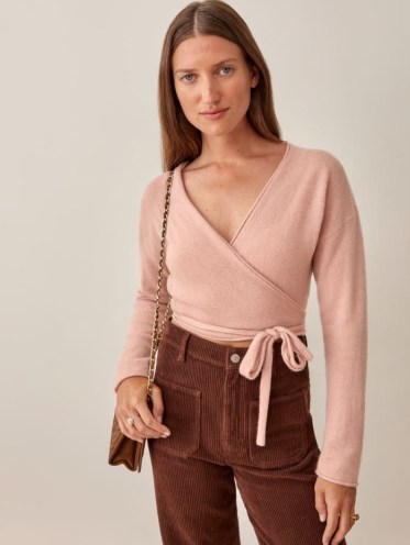 REFORMATION Relaxed Cashmere Wrap in Blush ~ pale pink tie waist sweater ~ luxe style knitwear