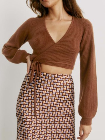 REFORMATION Remus Cashmere Wrap Sweater in Cinnamon ~ cropped brown-tone wrap around tie waist sweaters ~ knitted crop tops - flipped