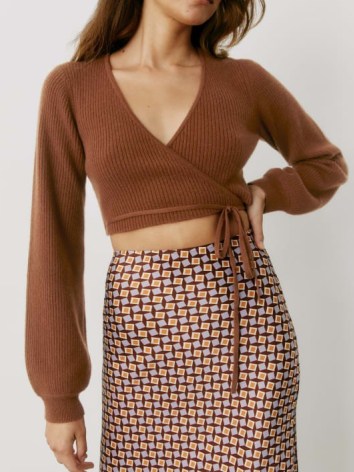 REFORMATION Remus Cashmere Wrap Sweater in Cinnamon ~ cropped brown-tone wrap around tie waist sweaters ~ knitted crop tops