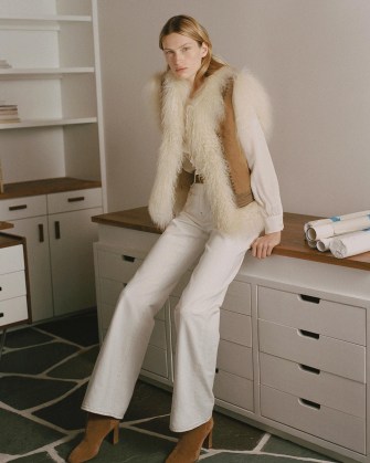 NILI LOTAN RINGO SHEARLING VEST ~ luxe gilet inspired vests ~ fluffy 70s vintage style sleeveless jackets ~ womens retro winter gilets