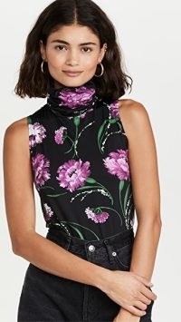 Rodarte Black Floral Printed Stretch Turtleneck Bodysuit ~ sleeveless high neck bodysuits