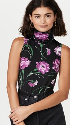 Rodarte Black Floral Printed Stretch Turtleneck Bodysuit ~ sleeveless high neck bodysuits - flipped