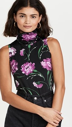 Rodarte Black Floral Printed Stretch Turtleneck Bodysuit ~ sleeveless high neck bodysuits