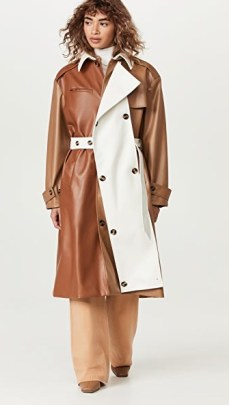 ROKH Panel Trench Coat Brown/Ivory ~ chic faux leather colour block belted coats ~ womens designer outerwear - flipped