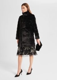HOBBS ROS FAUX FUR COAT in Black / luxe paneled winter coats / womens glamorous high funnel neck outerwear