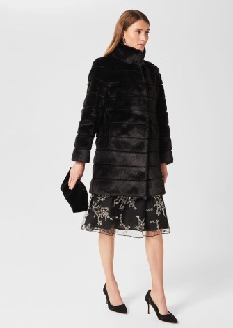 HOBBS ROS FAUX FUR COAT in Black / luxe paneled winter coats / womens glamorous high funnel neck outerwear - flipped
