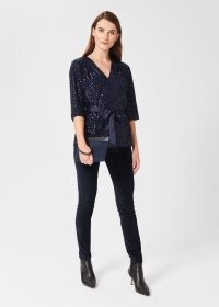 HOBBS SALMA SEQUIN TOP Ink Blue / sparkling sequinned tie waist evening tops / womens party fashion