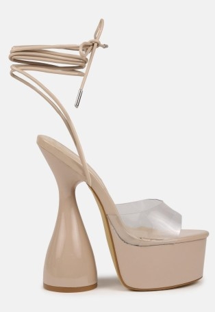 MISSGUIDED sand platform tie up heeled sandals ~ chunky party platforms ~ ankle wrap going out high heels - flipped